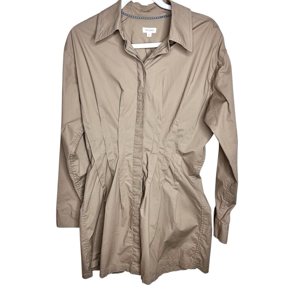NEW Anthropologie Pilcro Pintuck Mini Shirt Dress Khaki Beige Small Button Front - Picture 6 of 15